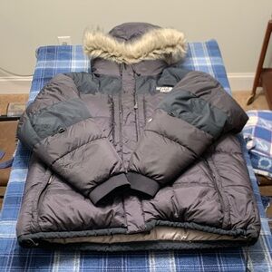 The North Face Charcoal Puffer Jacket with Faux Fur Trim